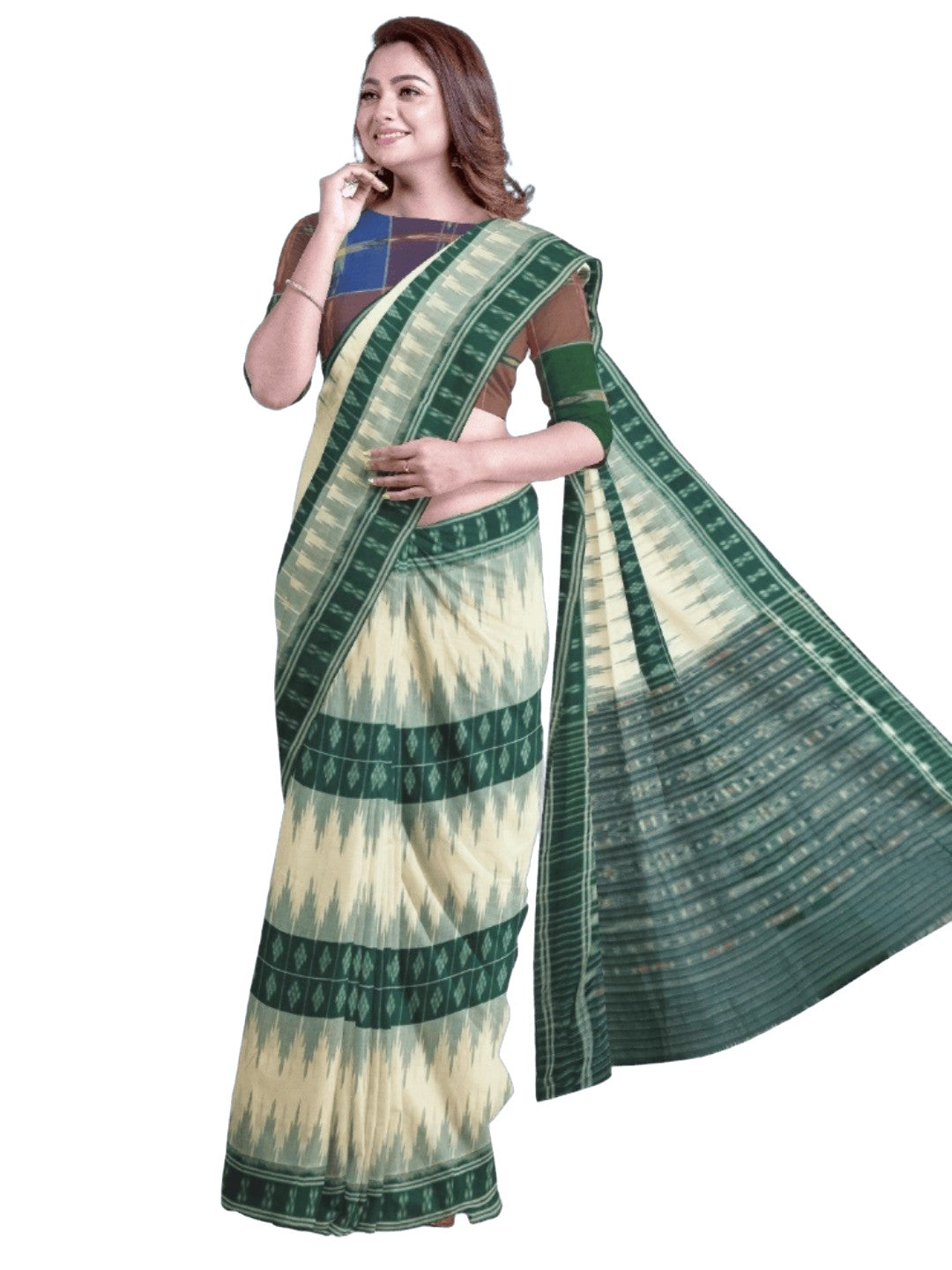 White and Green Cotton Odisha Ikat saree with mix match blouse piece
