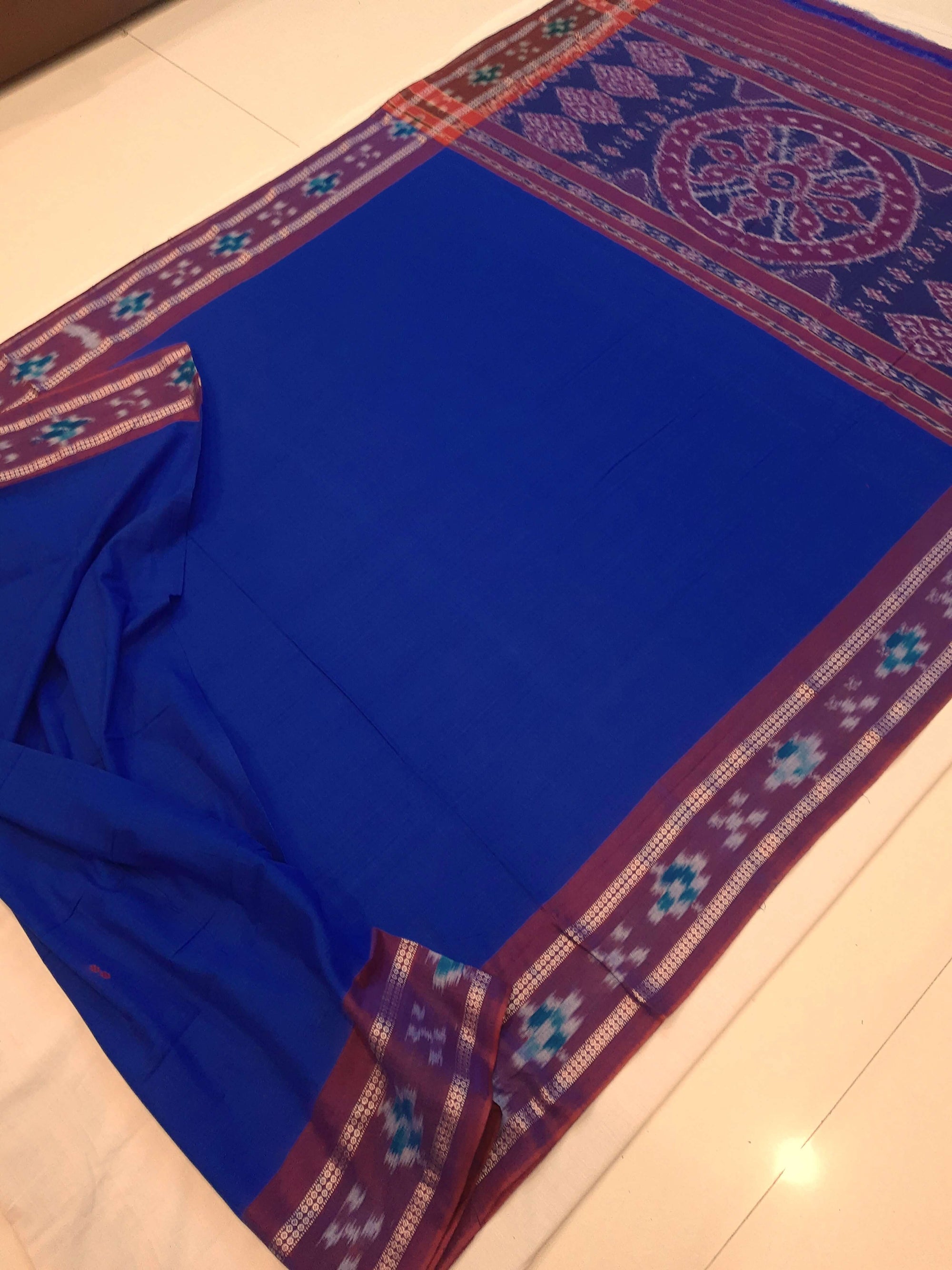 Dark Blue Cotton Odisha Ikat saree  with mix match cotton ikat blouse