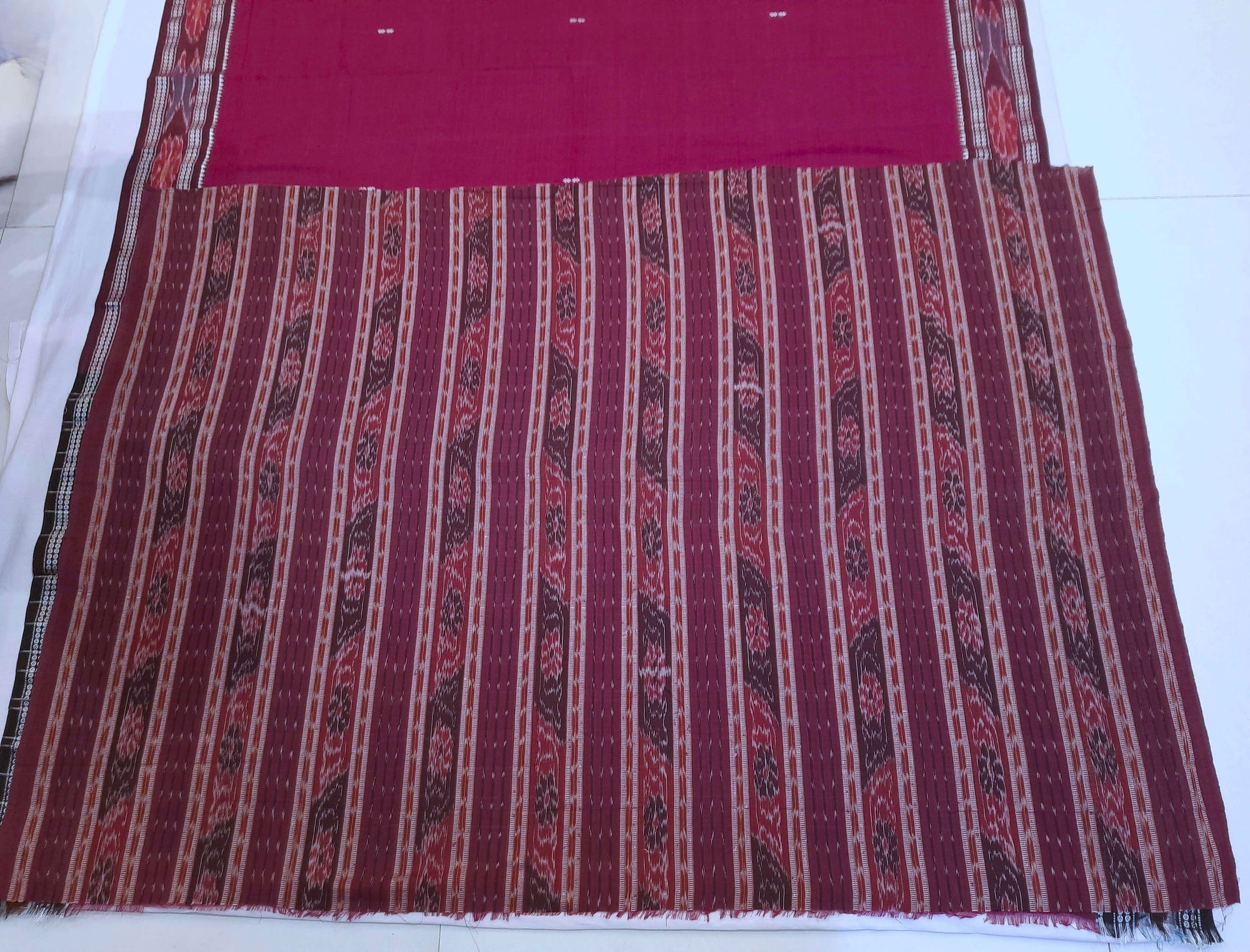 DarkPink Cotton Odisha Ikat saree  with mix match cotton ikat blouse