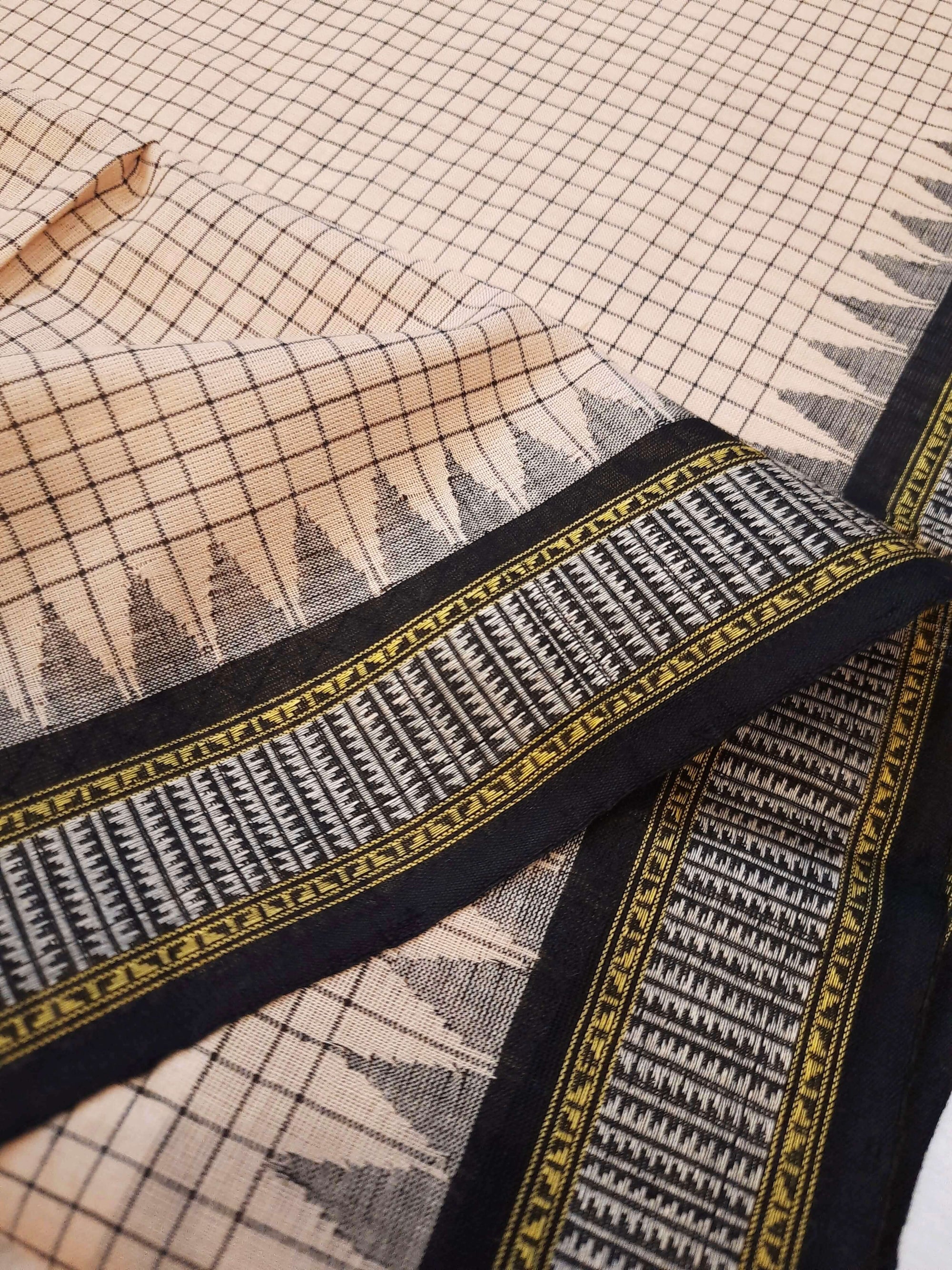 Beige Checkered body Phodo Kumbha Cotton Sambalpuri Dupatta