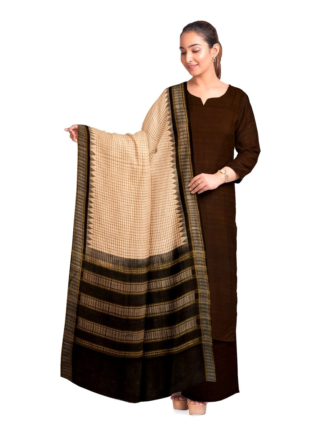 Beige Checkered body Phodo Kumbha Cotton Sambalpuri Dupatta