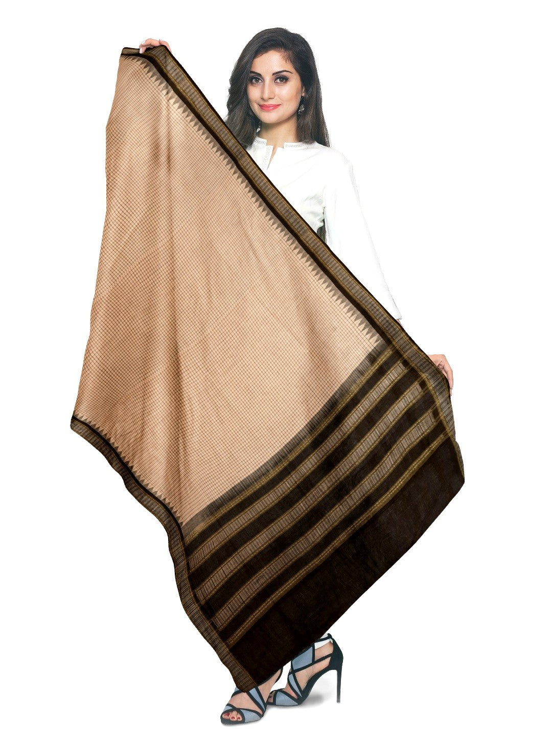 Beige Checkered body Phodo Kumbha Cotton Sambalpuri Dupatta