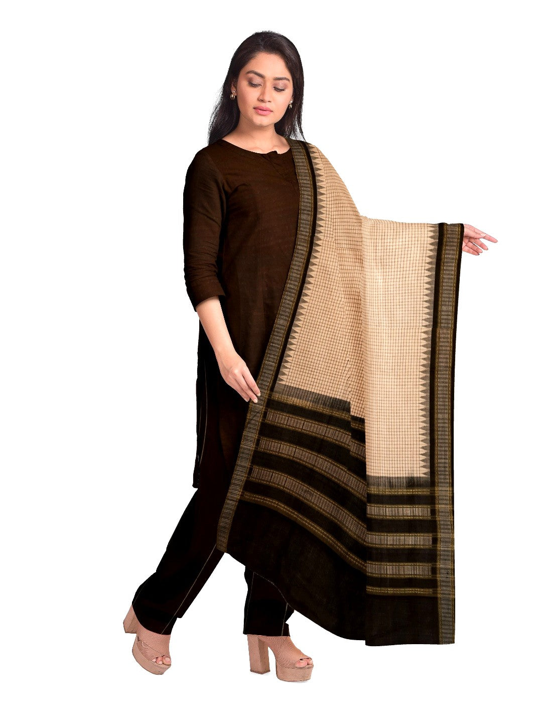Beige Checkered body Phodo Kumbha Cotton Sambalpuri Dupatta