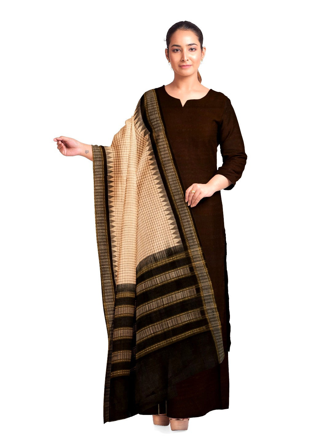 Beige Checkered body Phodo Kumbha Cotton Sambalpuri Dupatta