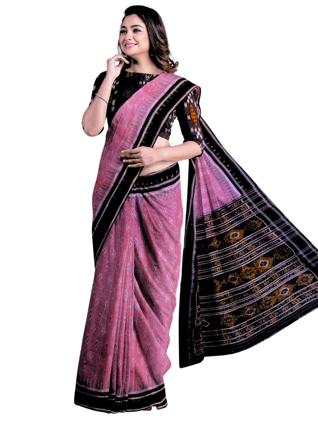 Pink and Black Odisha Ikat saree  with cotton ikat  blouse piece