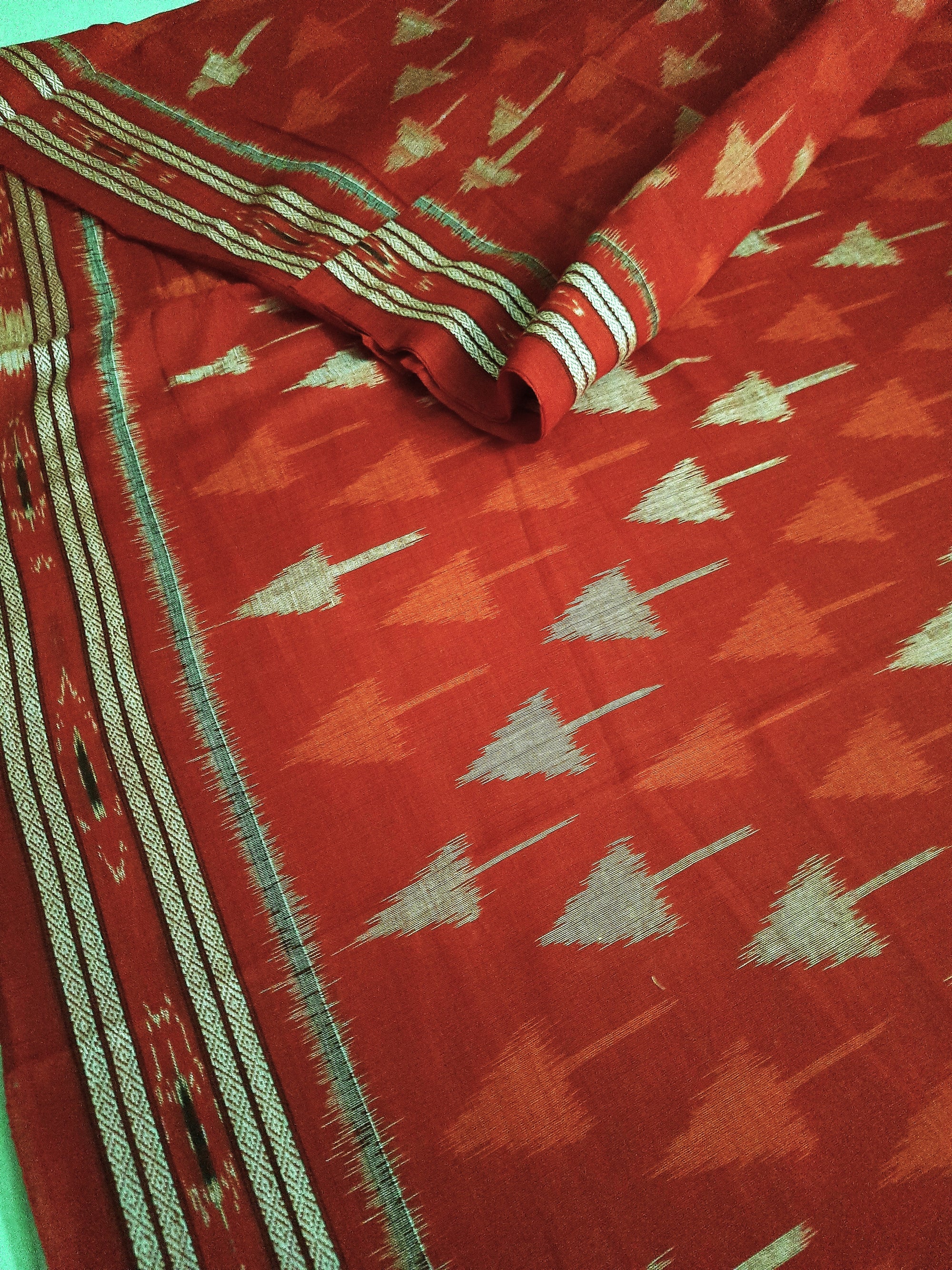 Red Cotton Ikat saree with cotton ikat blouse piece