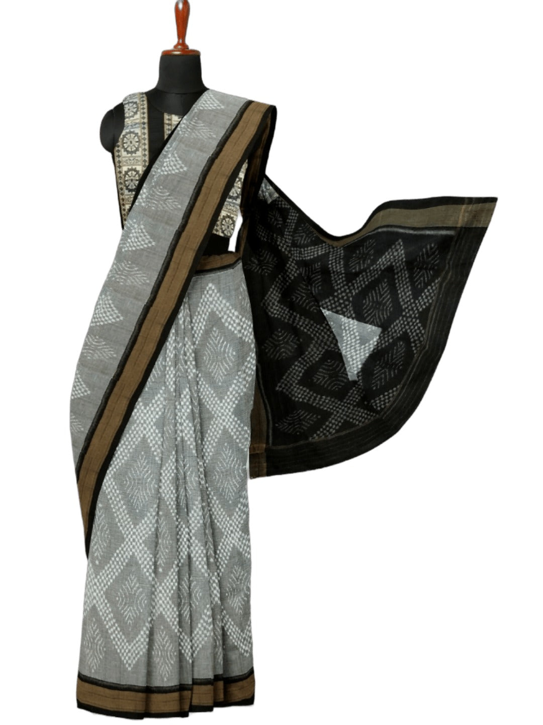 Grey Sambalpuri cotton Saree with mix match ikat blouse piece