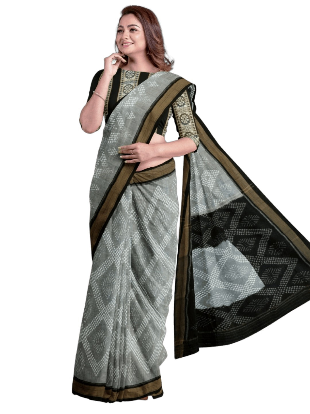 Grey Sambalpuri cotton Saree with mix match ikat blouse piece