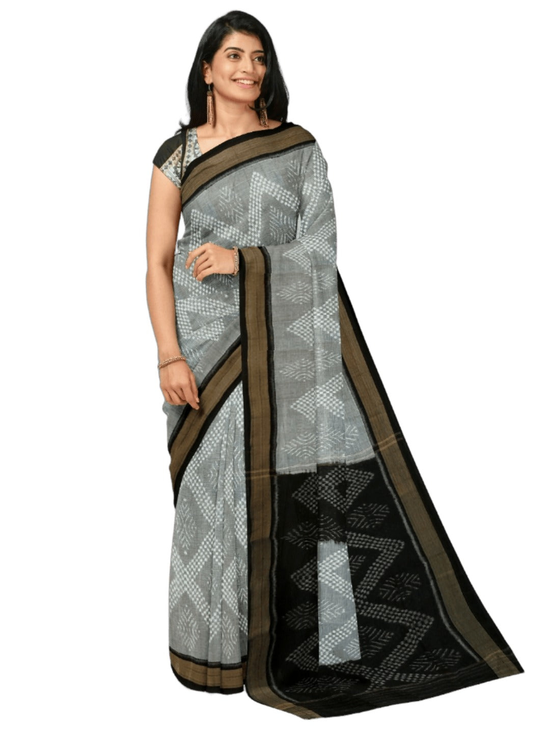 Grey Sambalpuri cotton Saree with mix match ikat blouse piece