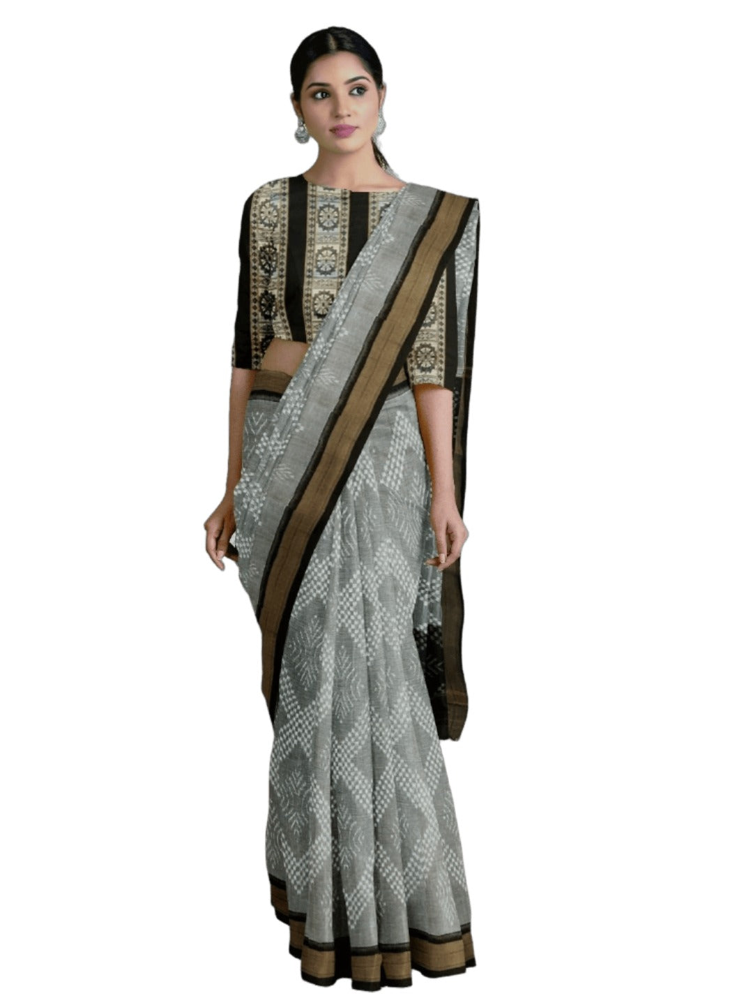 Grey Sambalpuri cotton Saree with mix match ikat blouse piece