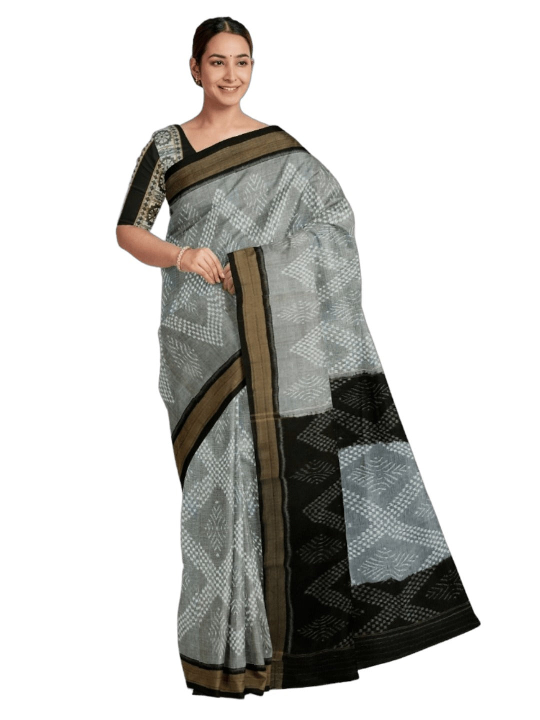 Grey Sambalpuri cotton Saree with mix match ikat blouse piece