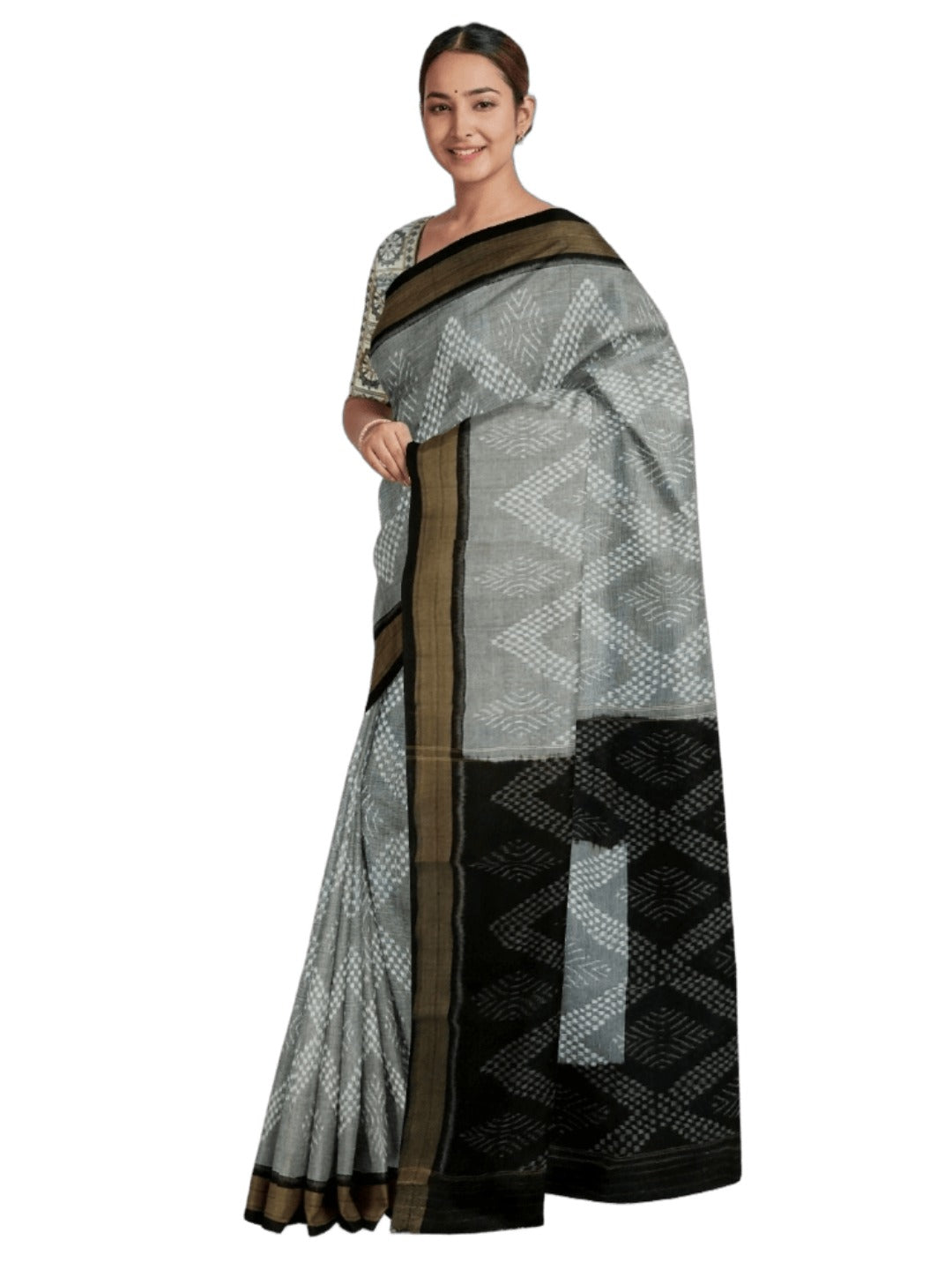 Grey Sambalpuri cotton Saree with mix match ikat blouse piece