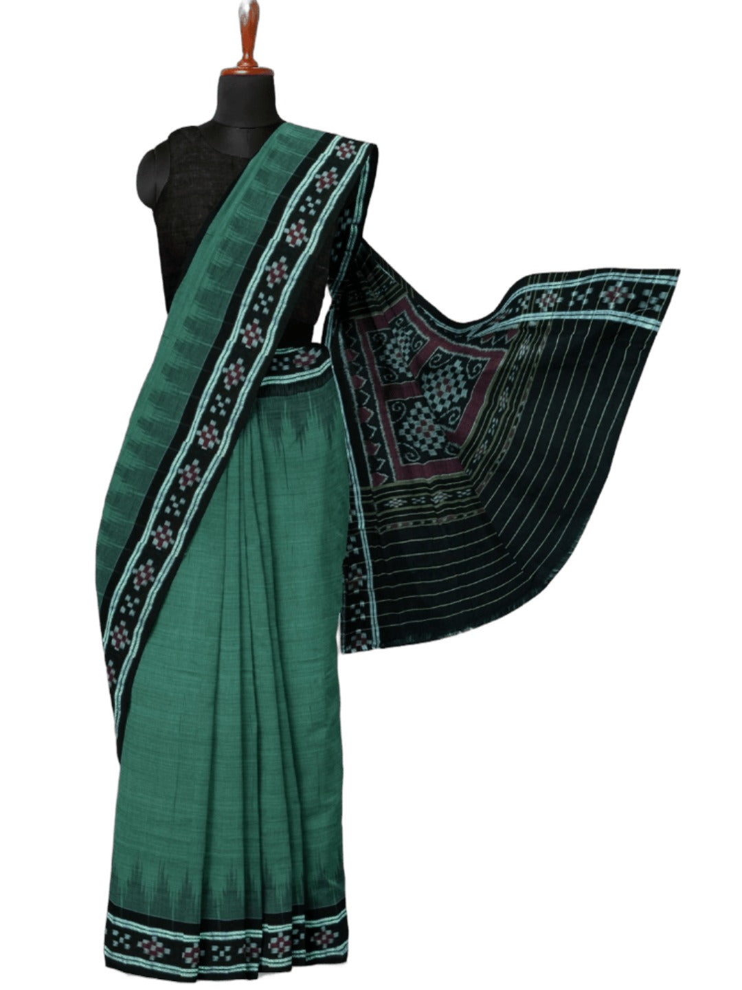 Green Black Odisha Ikat saree with cotton ikat blouse piece