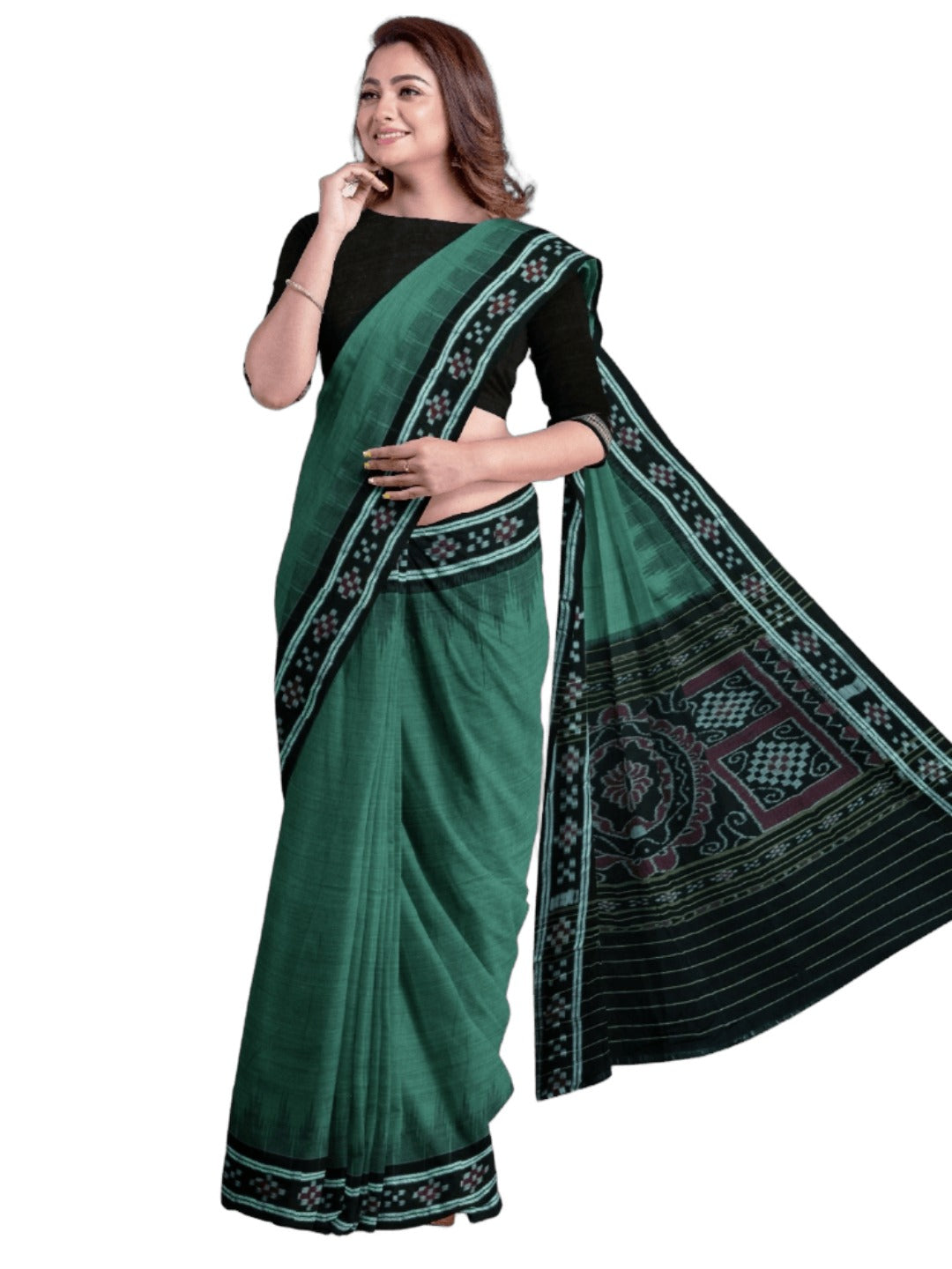 Green Black Odisha Ikat saree with cotton ikat blouse piece