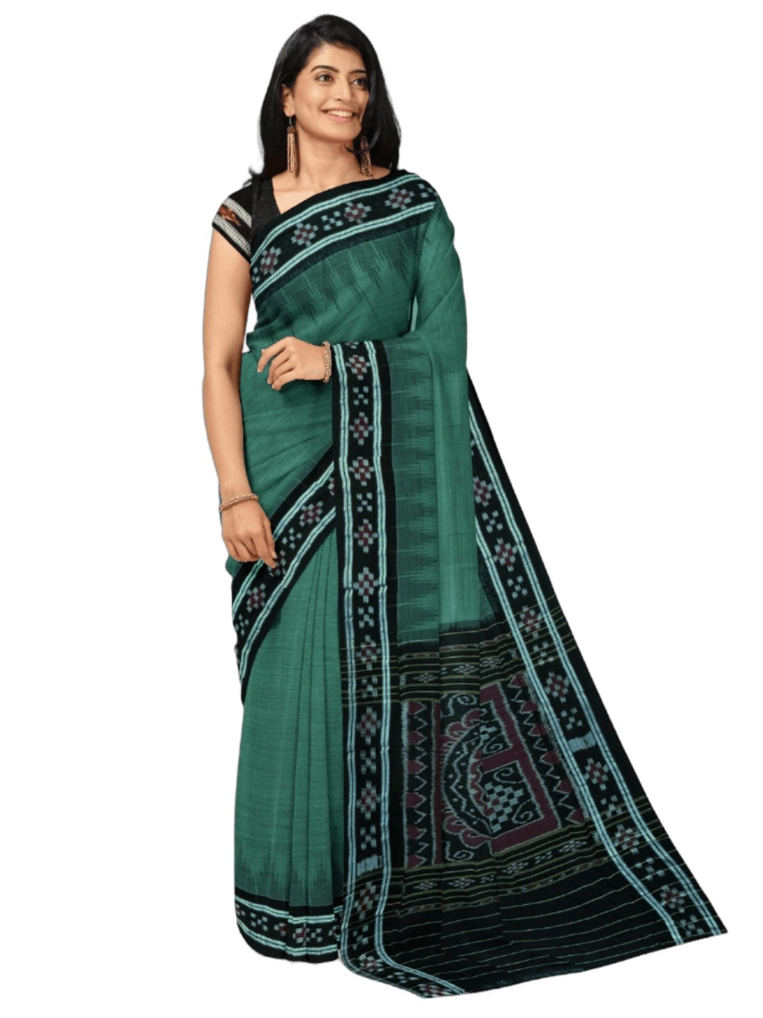 Green Black Odisha Ikat saree with cotton ikat blouse piece