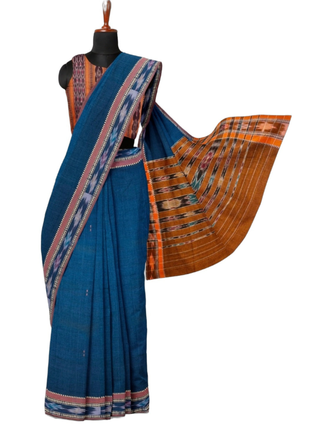 Blue Cotton Odisha Ikat saree  with mix match cotton ikat blouse
