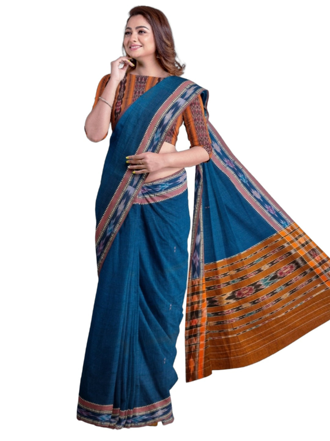 Blue Cotton Odisha Ikat saree  with mix match cotton ikat blouse