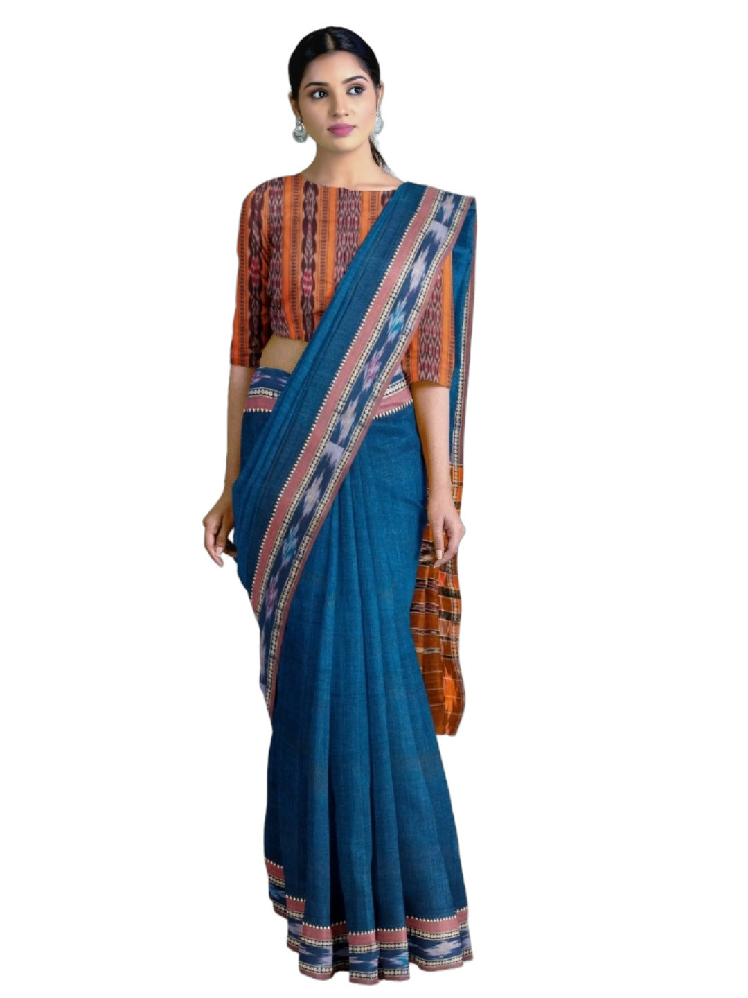 Blue Cotton Odisha Ikat saree  with mix match cotton ikat blouse