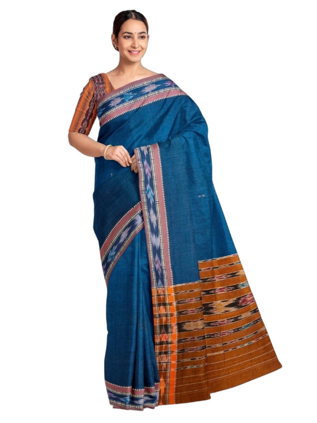 Blue Cotton Odisha Ikat saree  with mix match cotton ikat blouse