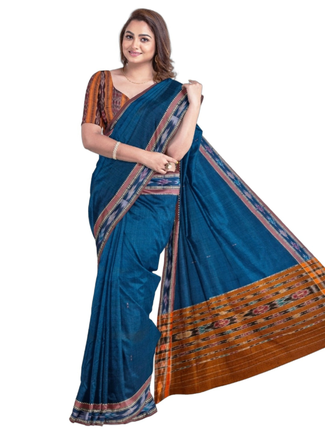 Blue Cotton Odisha Ikat saree  with mix match cotton ikat blouse