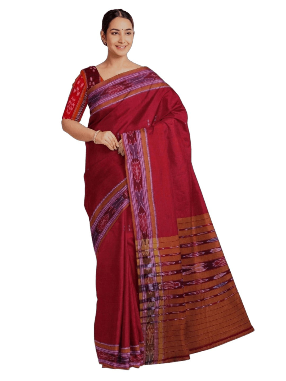 Red Cotton Odisha Ikat saree  with mix match cotton ikat blouse