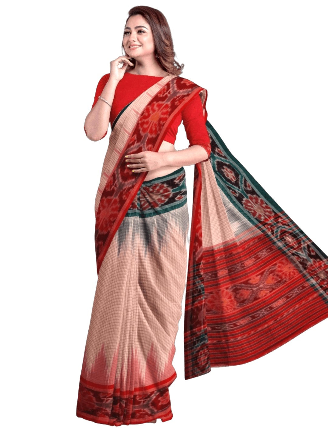 Light Pink Ganga Jamuna border Cotton Odisha Ikat saree with cotton ikat blouse piece