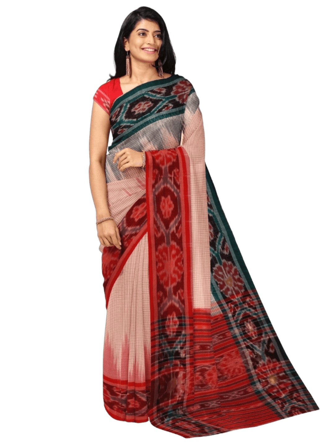 Light Pink Ganga Jamuna border Cotton Odisha Ikat saree with cotton ikat blouse piece