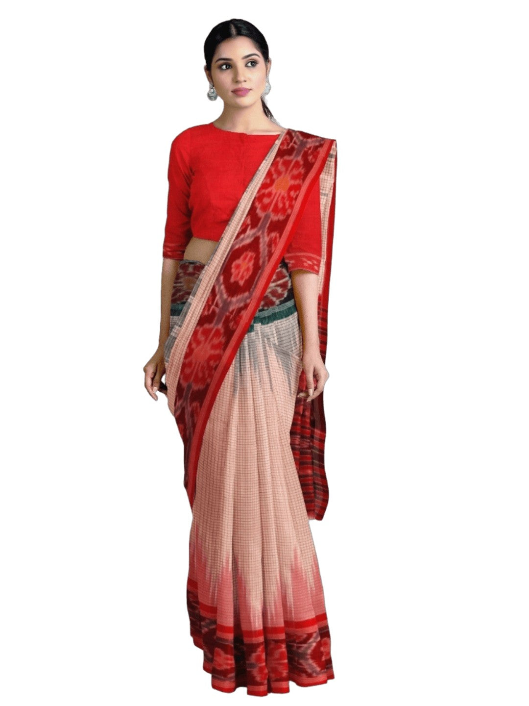 Light Pink Ganga Jamuna border Cotton Odisha Ikat saree with cotton ikat blouse piece