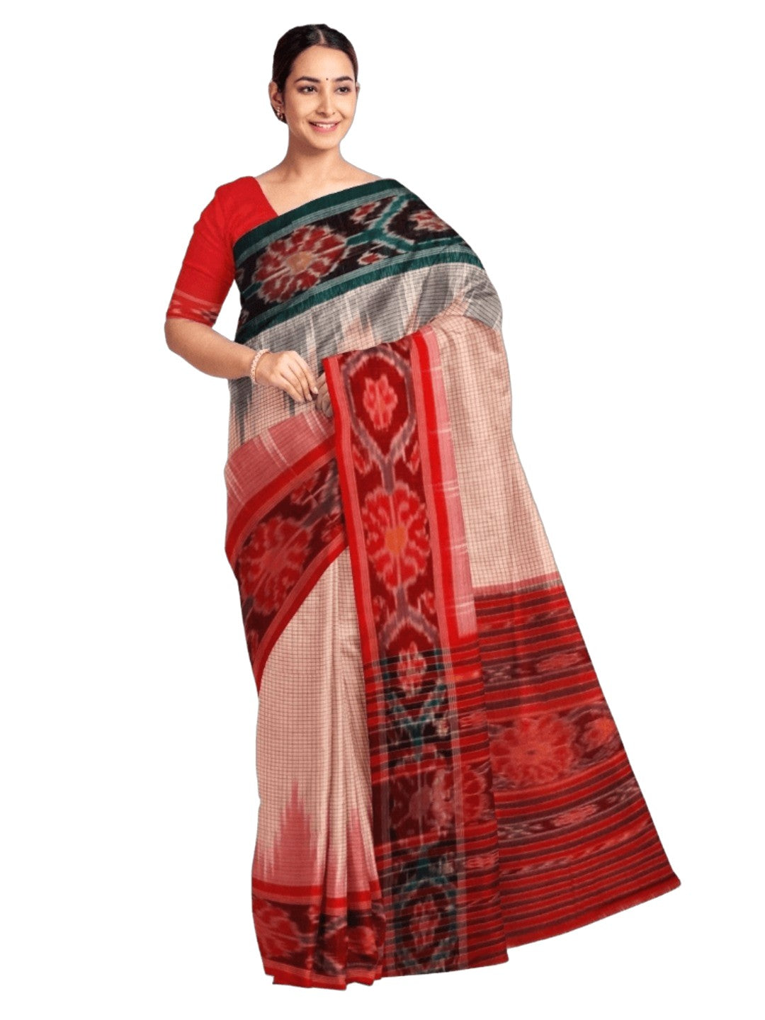 Light Pink Ganga Jamuna border Cotton Odisha Ikat saree with cotton ikat blouse piece