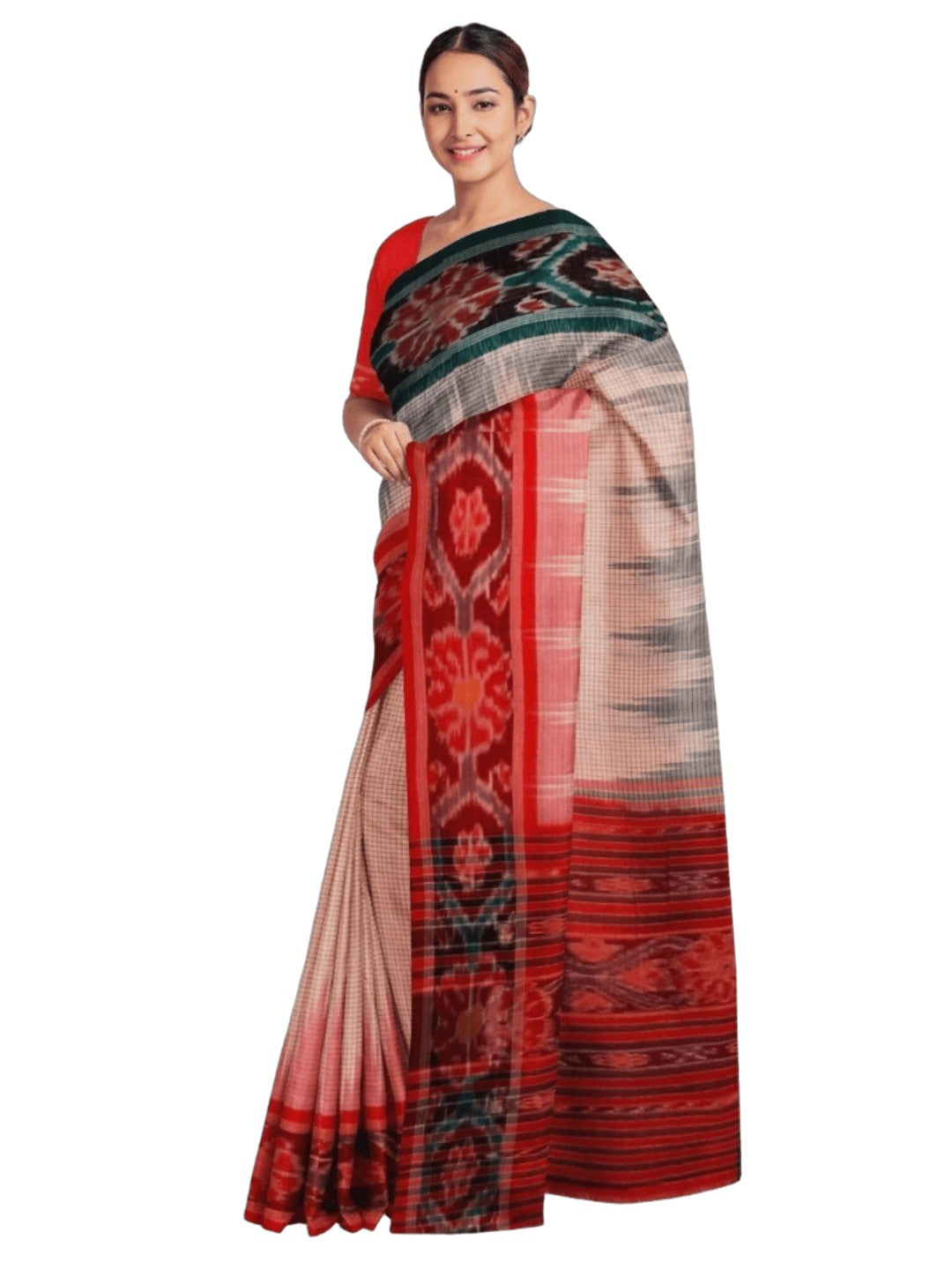 Light Pink Ganga Jamuna border Cotton Odisha Ikat saree with cotton ikat blouse piece