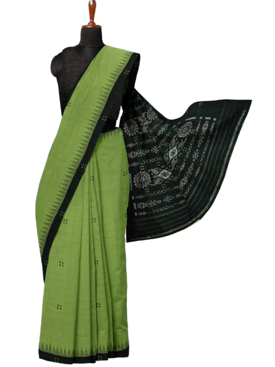 Green with Black Cotton Odisha Ikat saree with cotton ikat blouse piece
