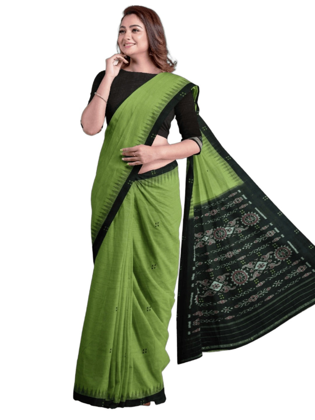 Green with Black Cotton Odisha Ikat saree with cotton ikat blouse piece
