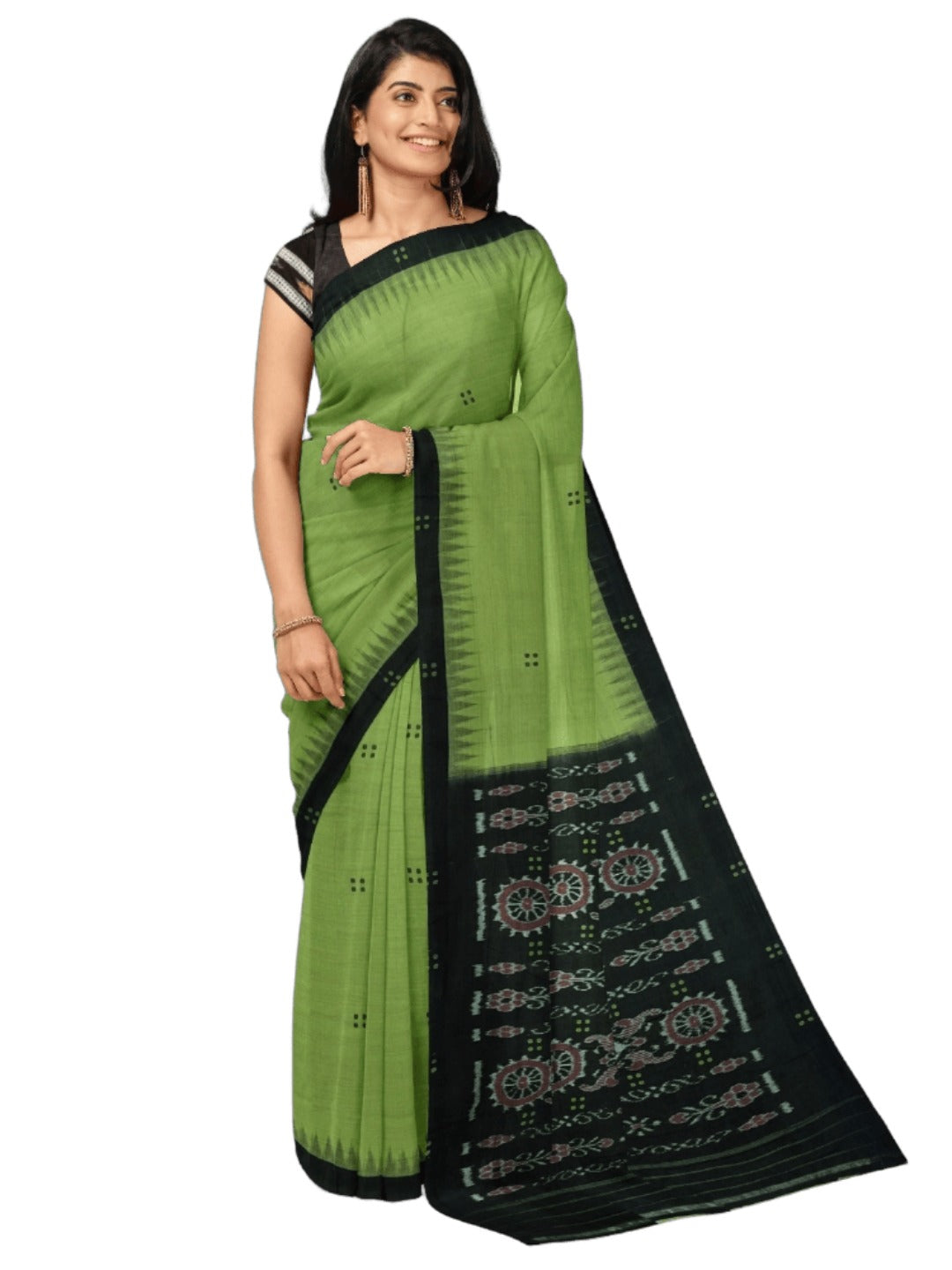 Green with Black Cotton Odisha Ikat saree with cotton ikat blouse piece