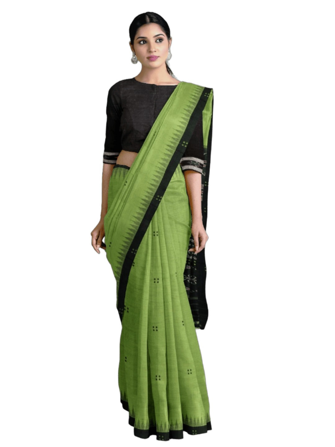 Green with Black Cotton Odisha Ikat saree with cotton ikat blouse piece