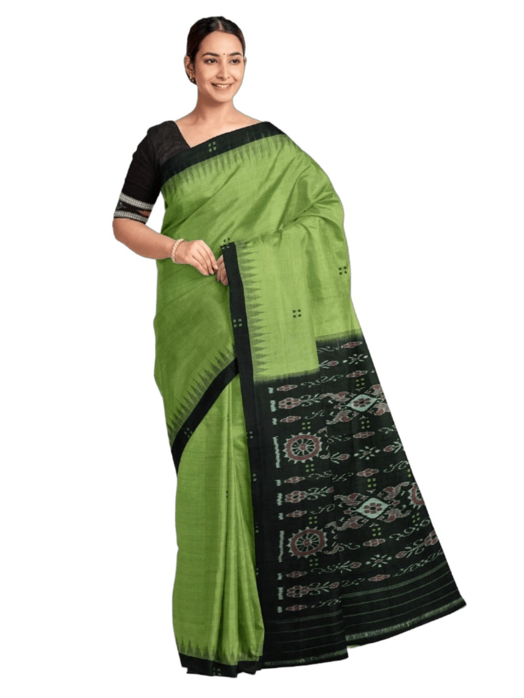 Green with Black Cotton Odisha Ikat saree with cotton ikat blouse piece
