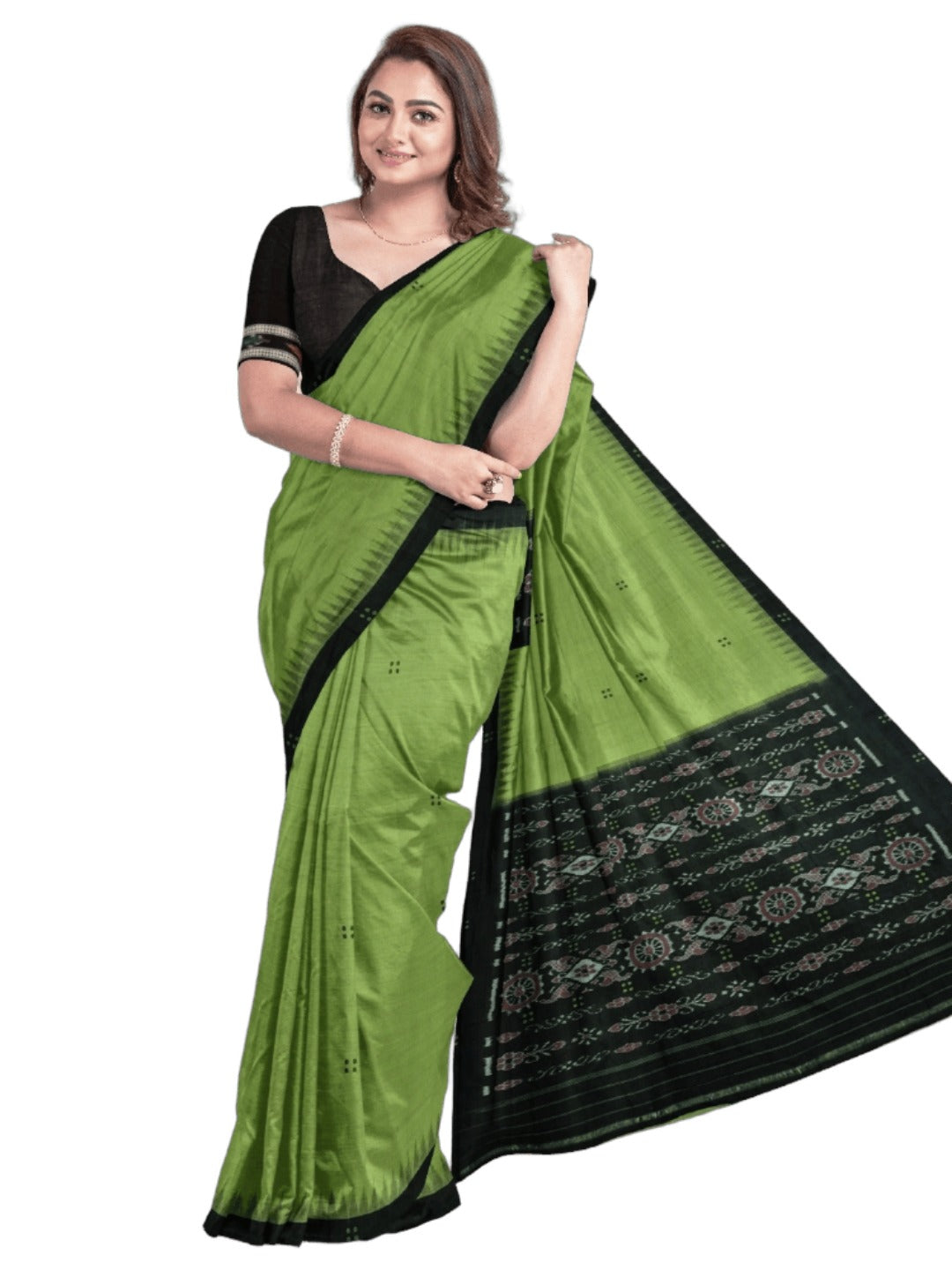 Green with Black Cotton Odisha Ikat saree with cotton ikat blouse piece