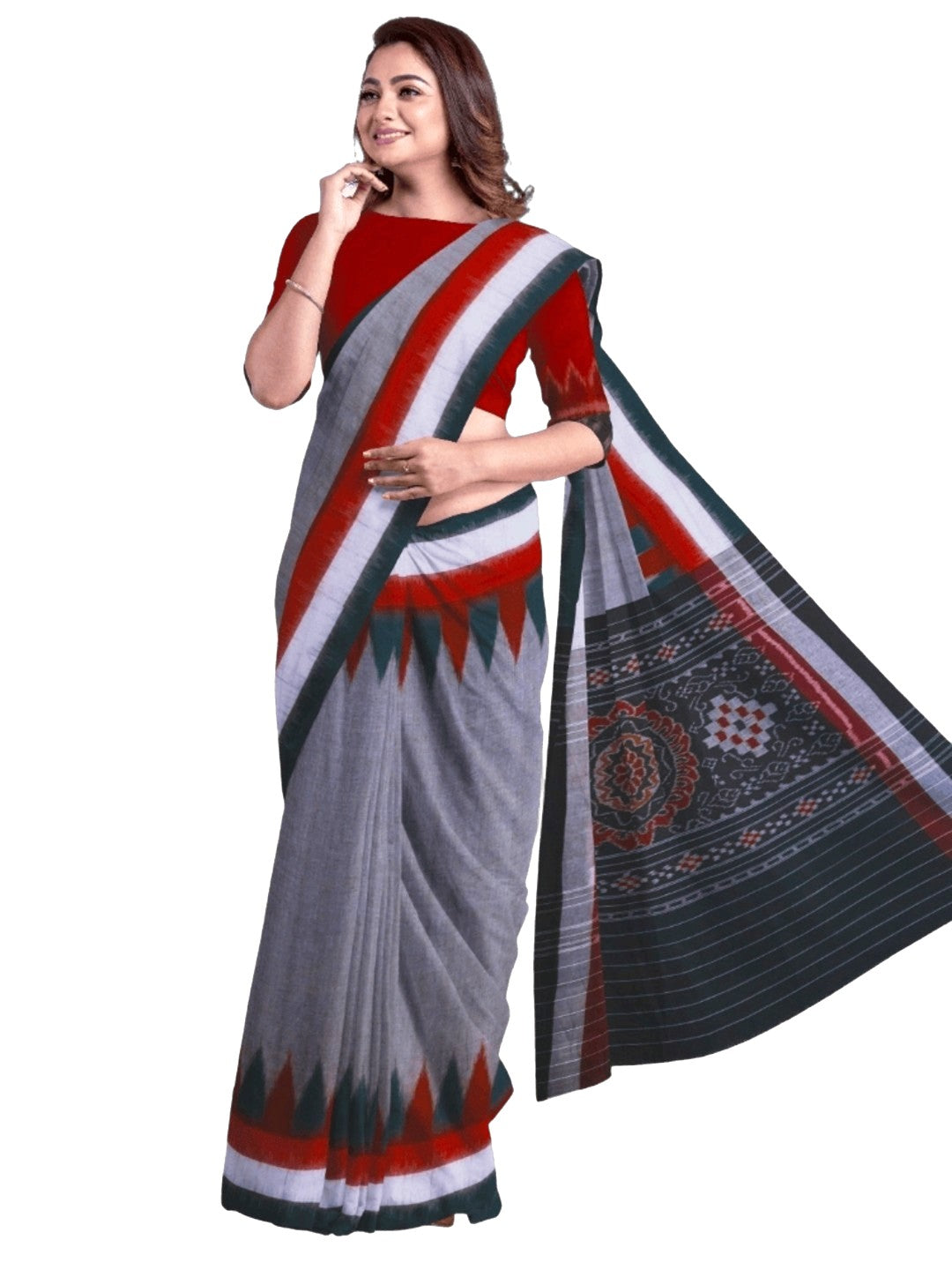 Grey double border Cotton Odisha Ikat saree with cotton ikat blouse piece