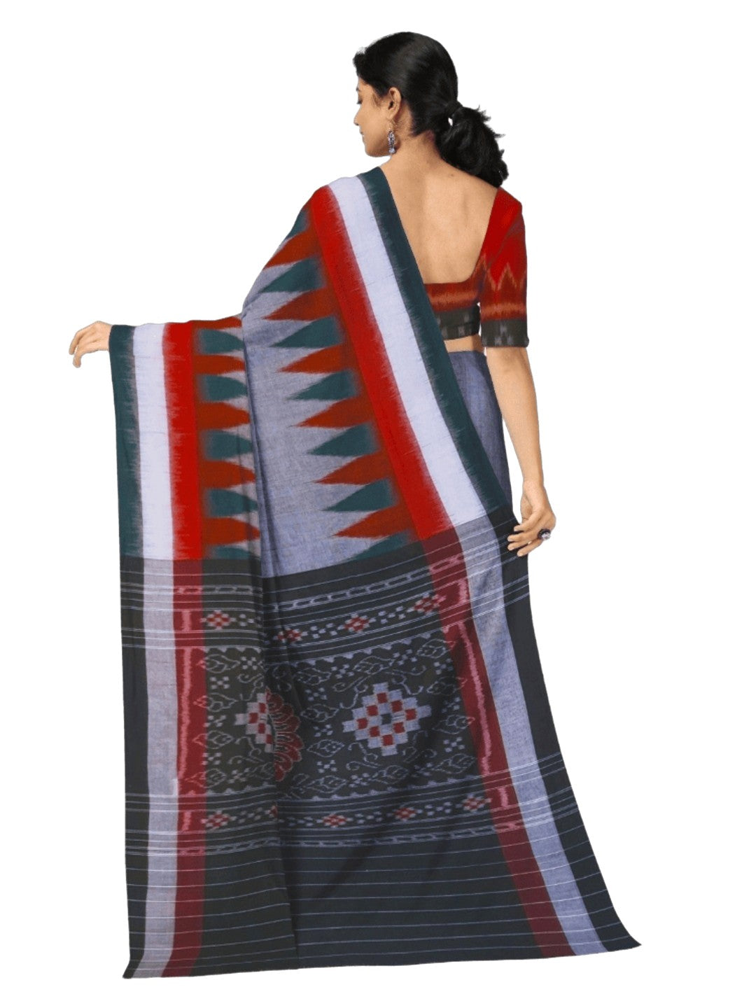 Grey double border Cotton Odisha Ikat saree with cotton ikat blouse piece