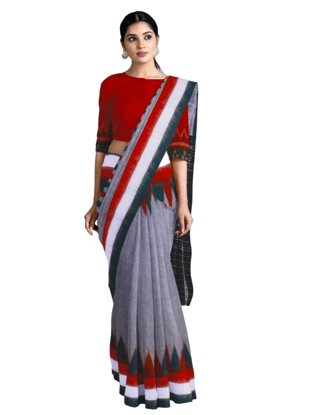 Grey double border Cotton Odisha Ikat saree with cotton ikat blouse piece