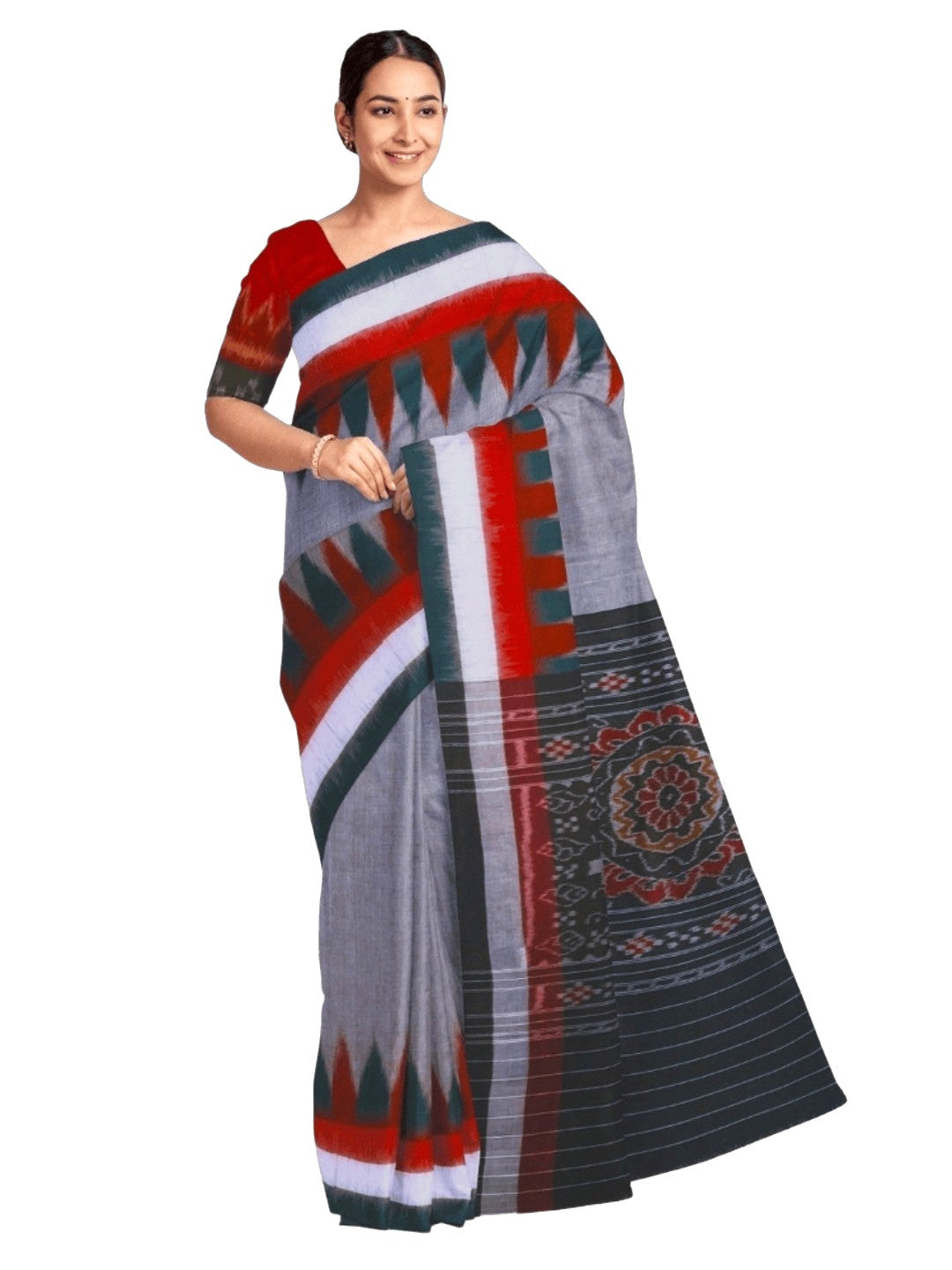 Grey double border Cotton Odisha Ikat saree with cotton ikat blouse piece