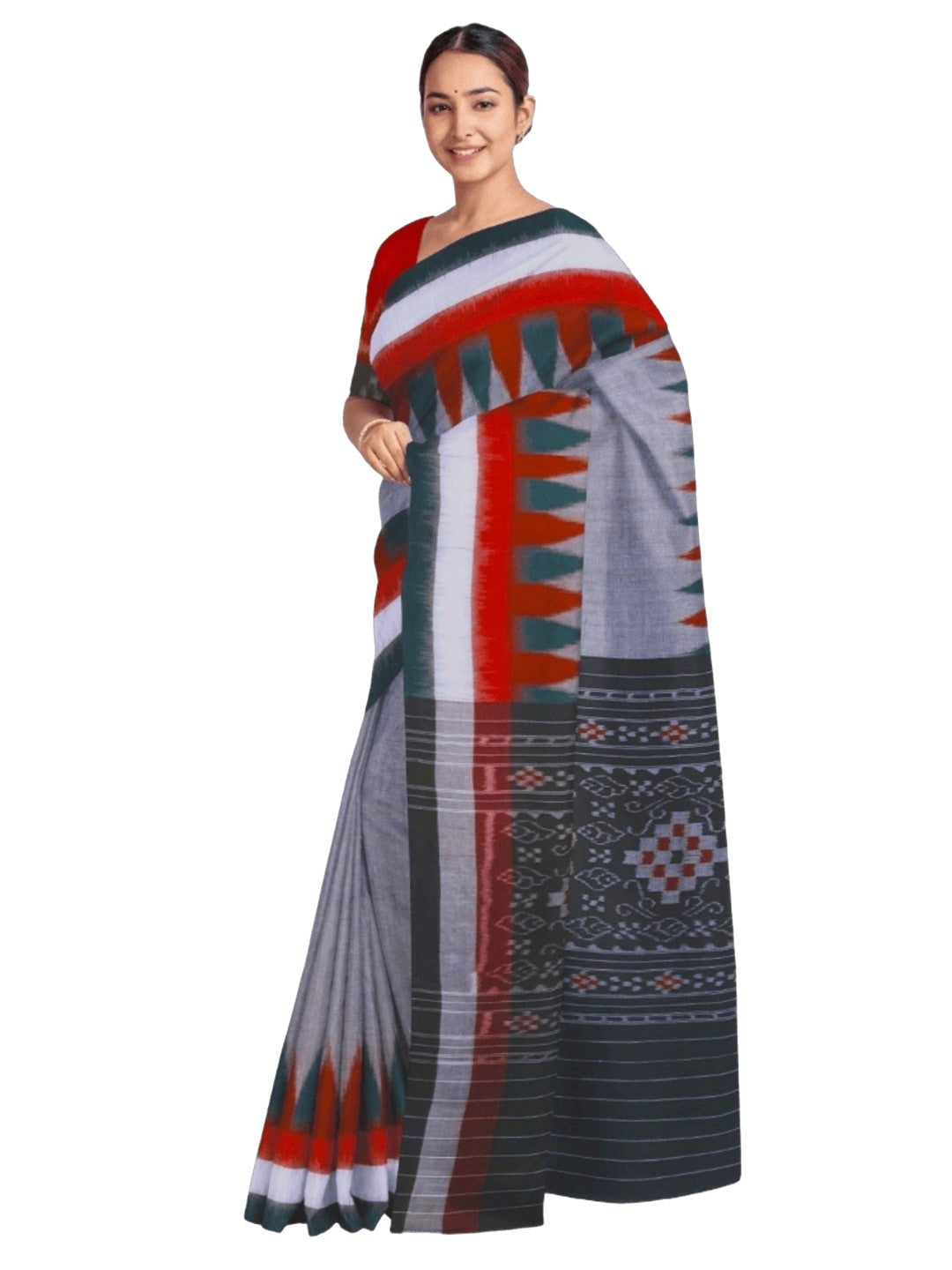 Grey double border Cotton Odisha Ikat saree with cotton ikat blouse piece