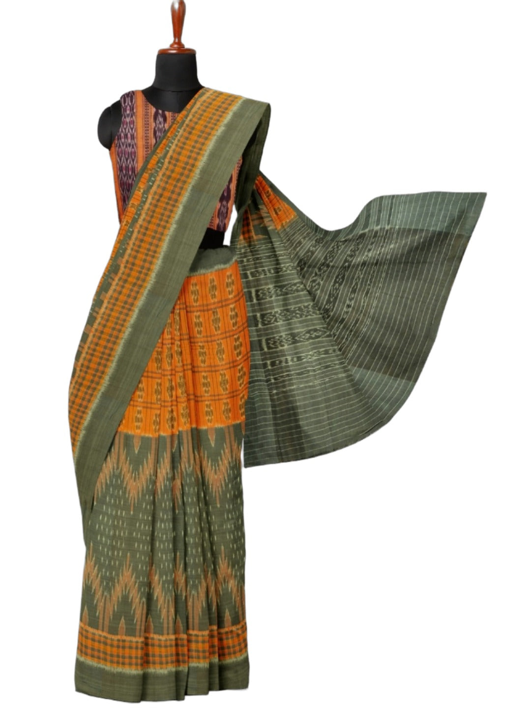 Grey Orange half half body coloured Odisha Ikat saree with cotton ikat blouse piece