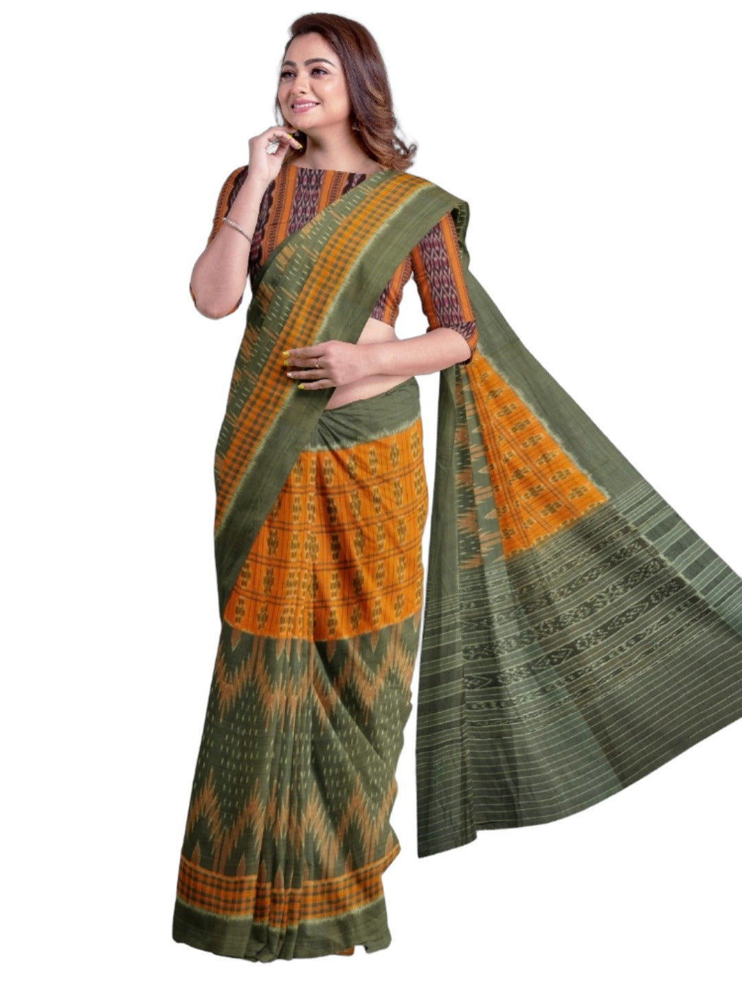 Grey Orange half half body coloured Odisha Ikat saree with cotton ikat blouse piece