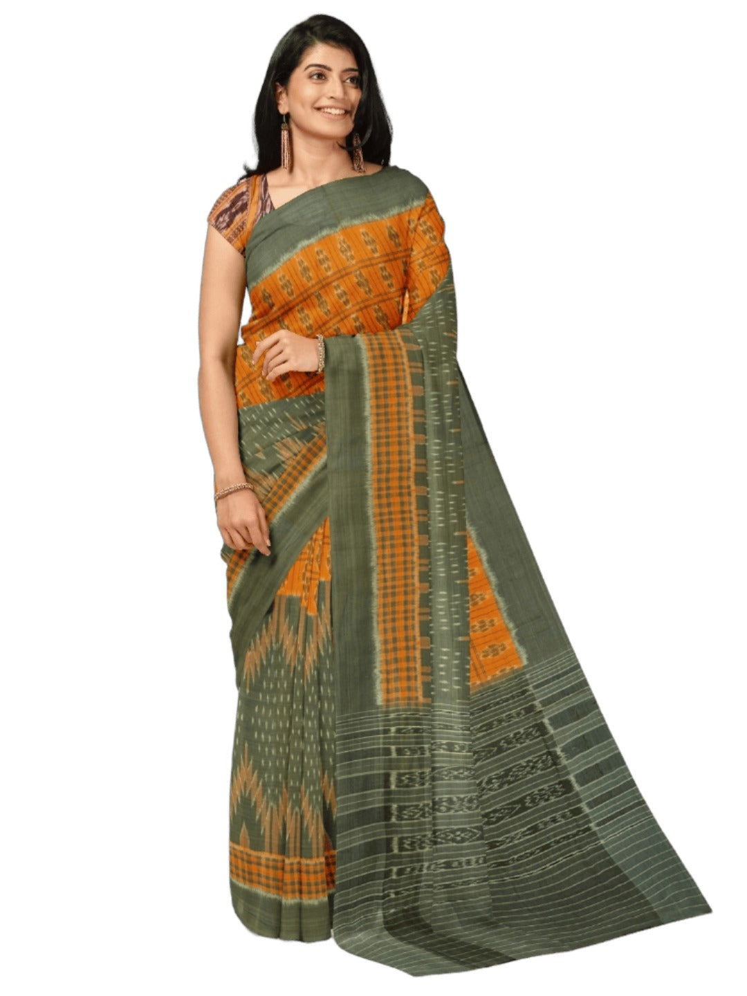 Grey Orange half half body coloured Odisha Ikat saree with cotton ikat blouse piece