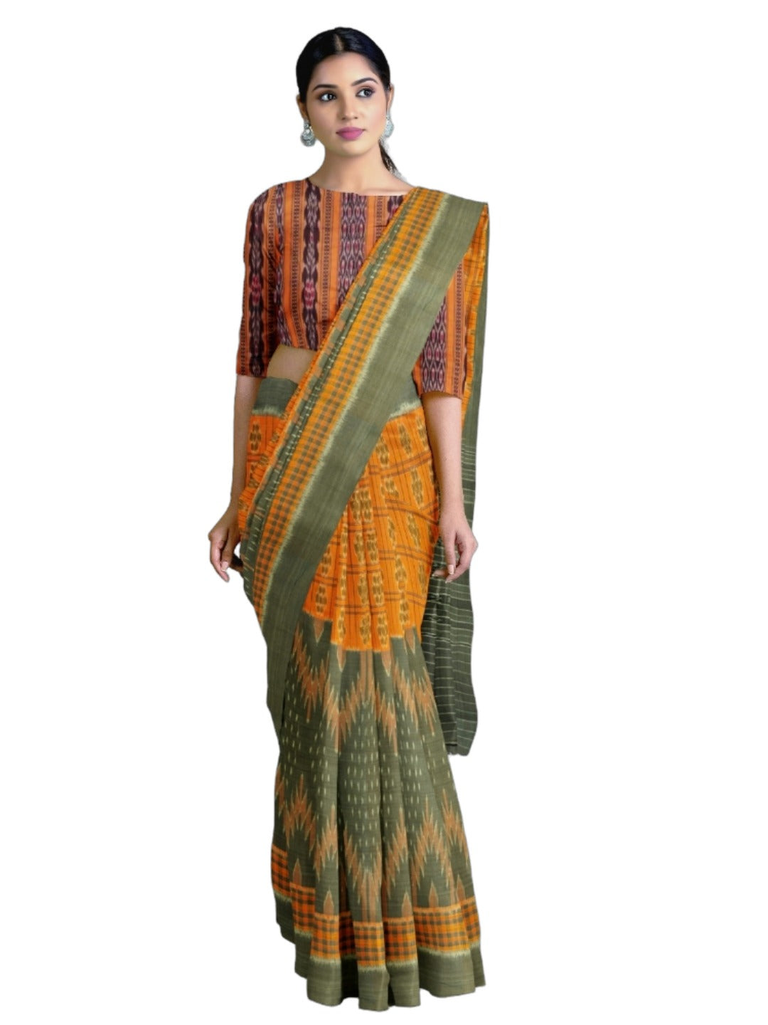 Grey Orange half half body coloured Odisha Ikat saree with cotton ikat blouse piece