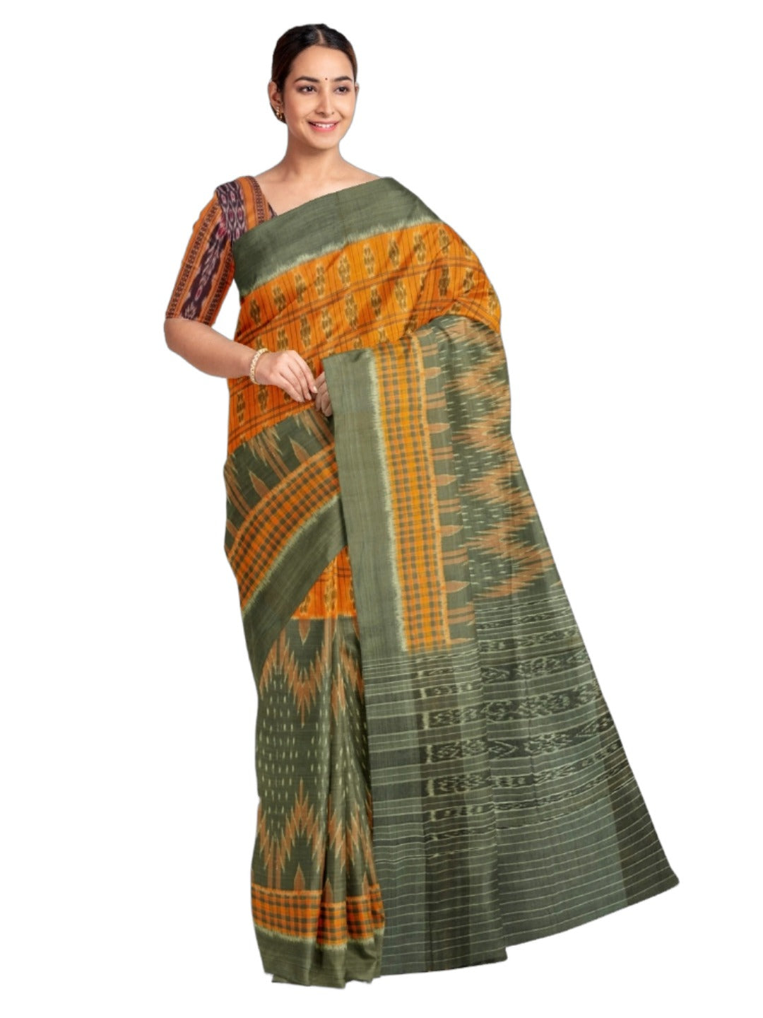Grey Orange half half body coloured Odisha Ikat saree with cotton ikat blouse piece
