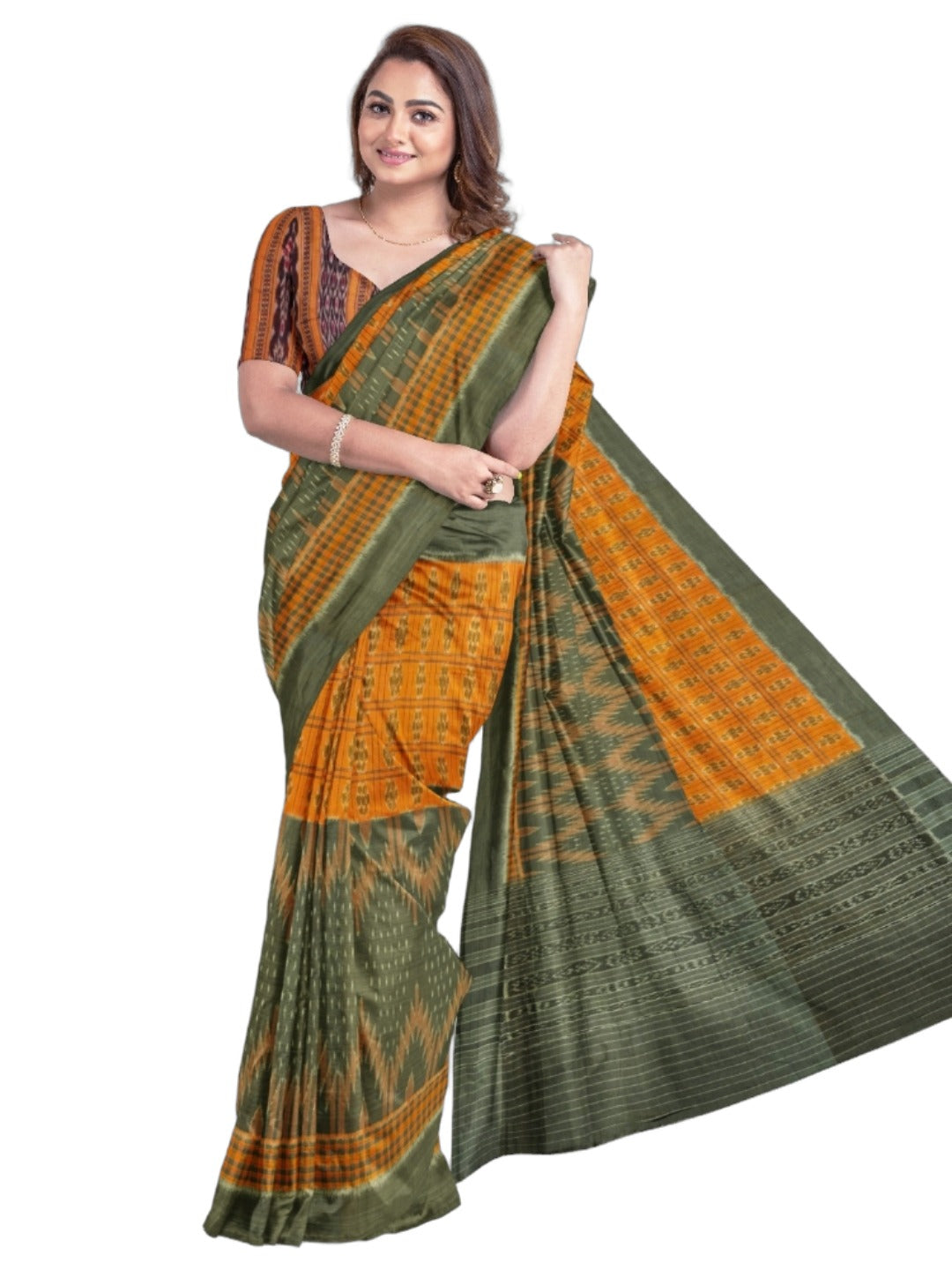 Grey Orange half half body coloured Odisha Ikat saree with cotton ikat blouse piece