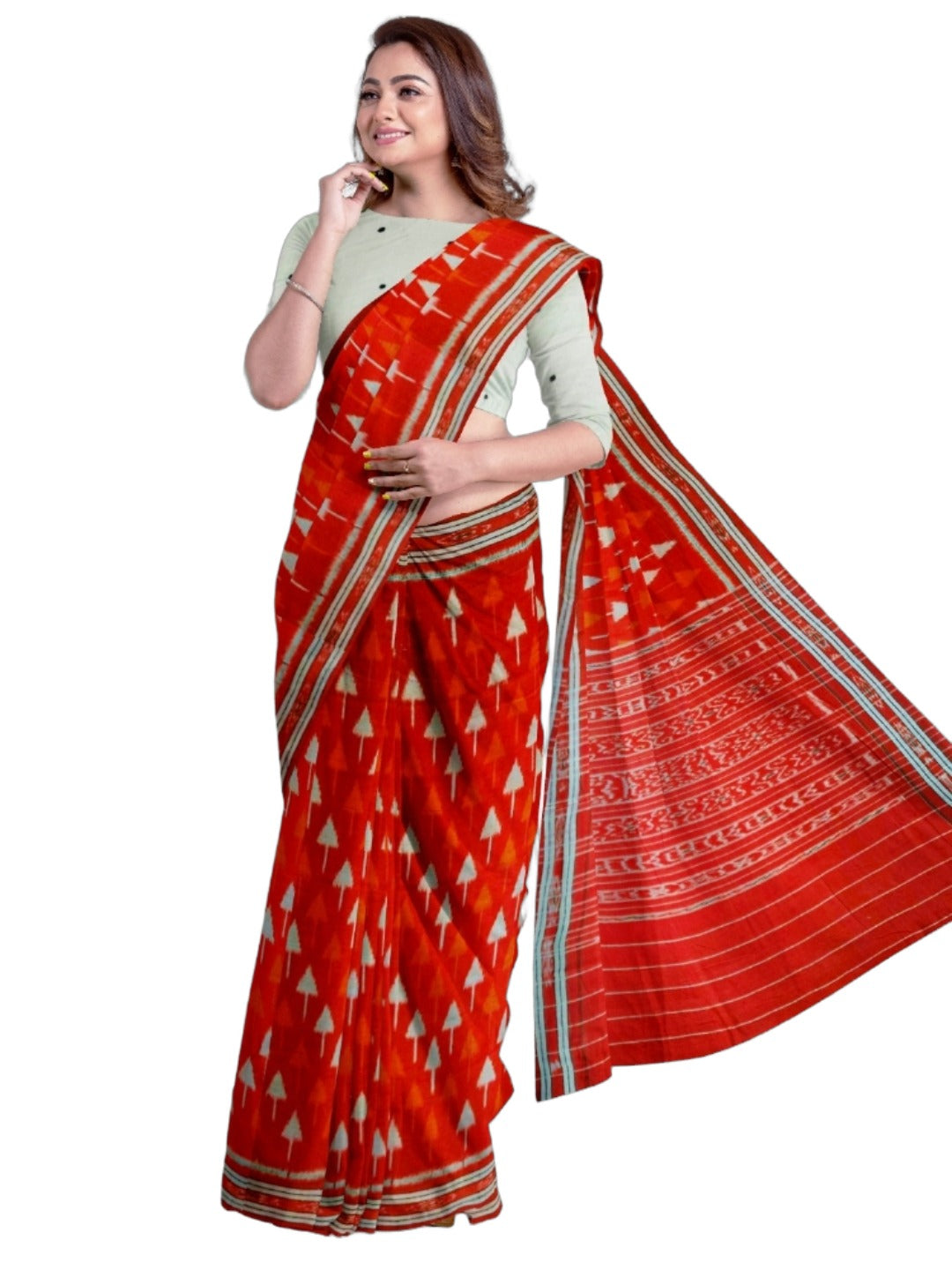 Red Cotton Ikat saree with cotton ikat blouse piece
