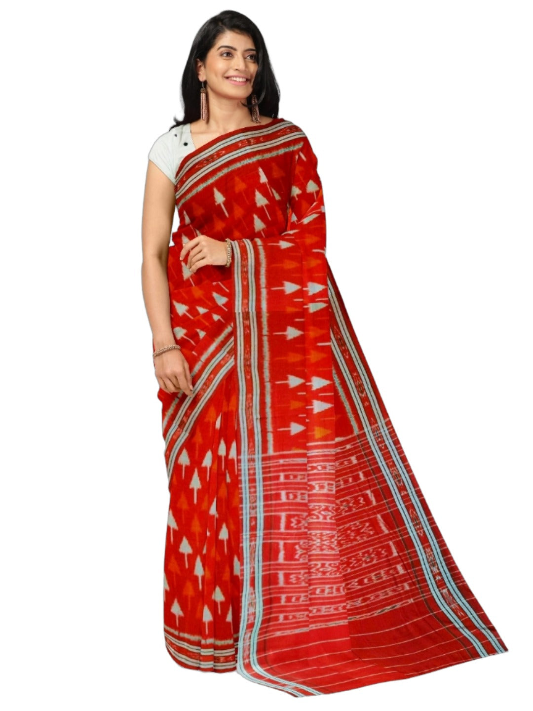 Red Cotton Ikat saree with cotton ikat blouse piece
