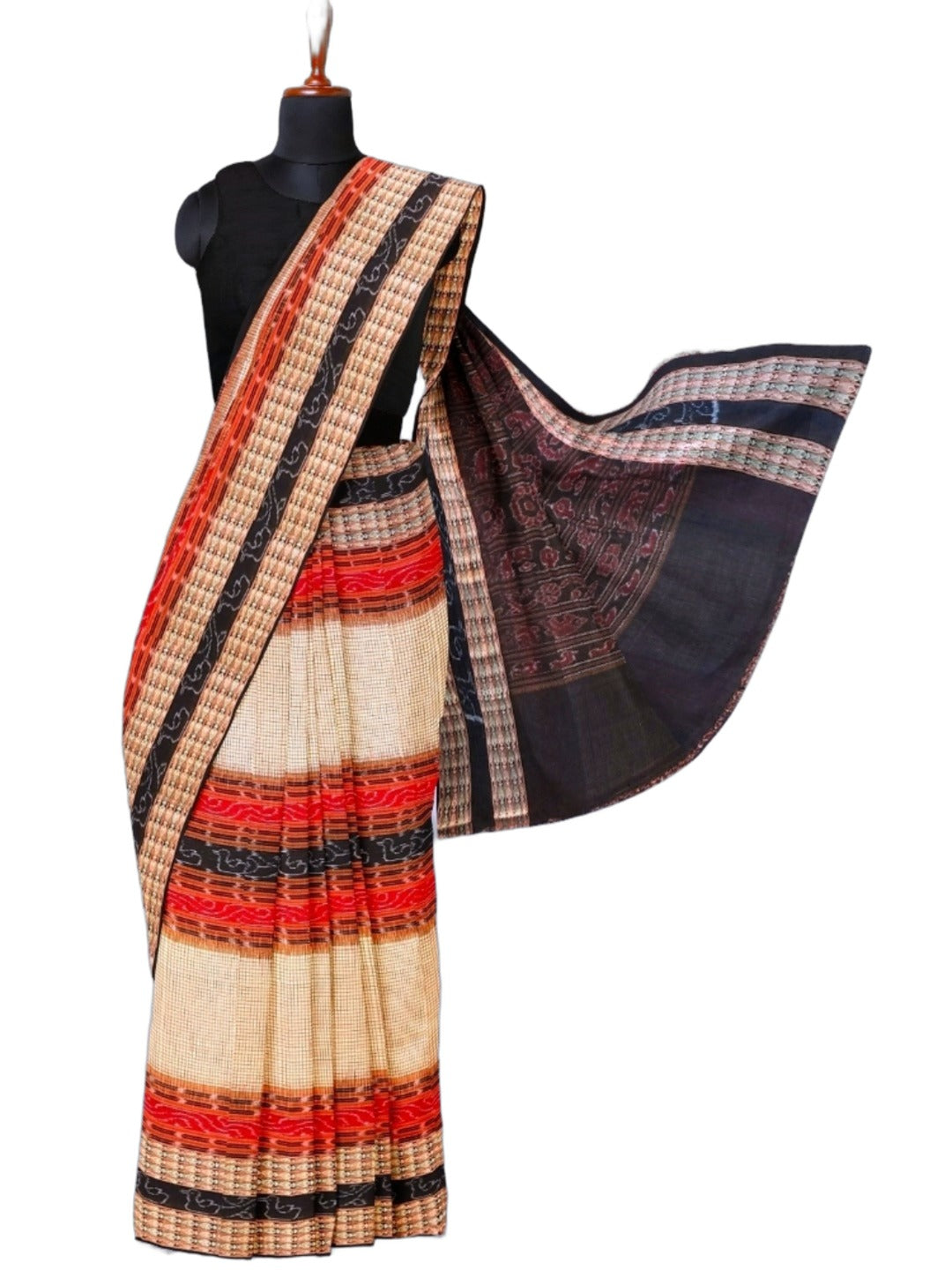 Beige Sambalpuri Sachipar Cotton Saree with cotton ikat blouse piece